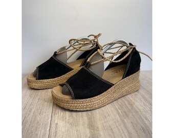 Sbicca Vintage Espadrille Platform Wedge Tie Up Sandals Black Suede Y2K Boho 10