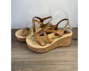 Candie's Wedge Sandals Vintage Tan Strappy Cork Wood Platform Y2K Grunge Boho 9