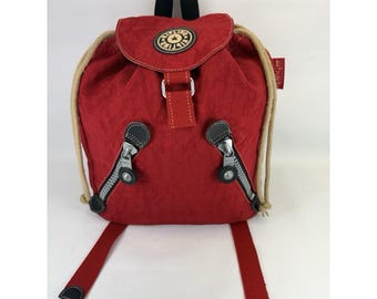 VINTAGE 90s Kipling Red Crinkle Nylon Backpack Rucksack Y2K Small Drawstring