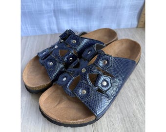 Betula by Birkenstock Blue Snake Print Studded Sandals Sz 40 Slides Cork Footbed