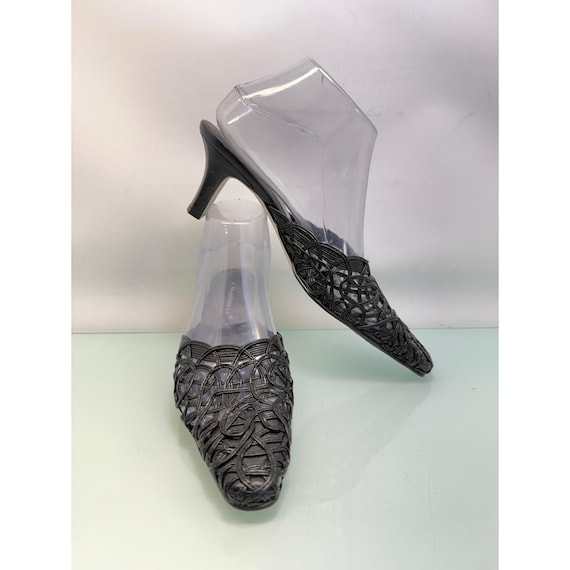 A Marinelli Mule Heels Women 7.5 Black Woven Pointed Toe Slides Office Siren Y2K