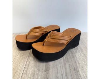 Rare Y2K Reef Vintage 8 Brown Leather Chunky Platform Thong Sandals Flip Flops