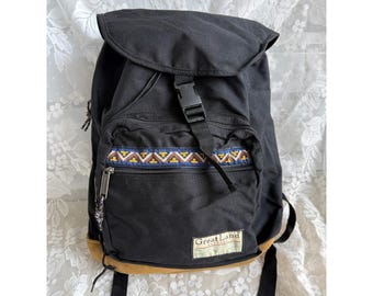 Vintage 90s Greatland Nylon Backpack Black Tan Suede Bottom Tribal Aztec Grunge