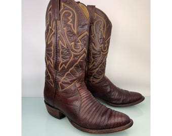 Vintage Exotic Brown Lizard Western Cowboy Boots Mens 8.5 Pointed Toe Stitched