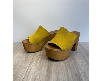 Steve Madden Slide Sandals Playgate Yellow Suede Platform Wedge Y2K Boho 6