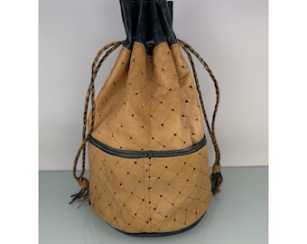 Rare Handmade Leather Bucket Bag Tan Navy Quilted Drawstring Boho Vintage Artisa