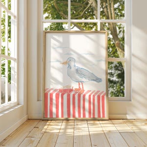 Impresión divertida de gaviota, póster de playa bonito, arte de pared oceánico, decoración costera de moda, impresión de papas fritas, decoración playera, arte de pared de playa costera