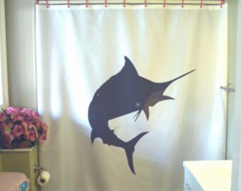 marlin Shower Curtain fish ocean catch dorsal fin crest sport sporting bathroom decor kids bath curtains custom size long wide waterproof