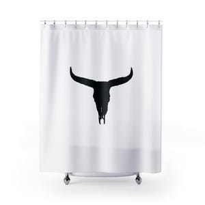 May include: White shower curtain with a black silhouette of a bull skull.