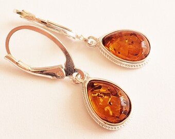 Amber Earrings - Silver drop earrings - Genuine Amber Earrings - Honey Amber Earrings - 925 Sterling Silver Jewelry - Free Shipping