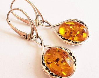 Amber Earrings - Cognac Baltic Amber - Genuine Amber Earrings - 925 Sterling Silver Jewelry - Free Shipping - Natural Amber Earrings