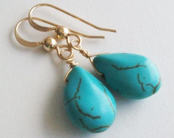 Turquoise Earrings - Blue Earrings - Gold Earrings - Turquoise Gold - Silver Jewelry - Drop Earrings - Turquoise teardrops - Gift for mom