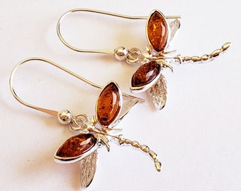 Dragonfly Earrings - Amber Earrings - Cognac Baltic Amber - Genuine Amber Earrings - 925 Sterling Silver Jewelry - Natural Amber Earrings