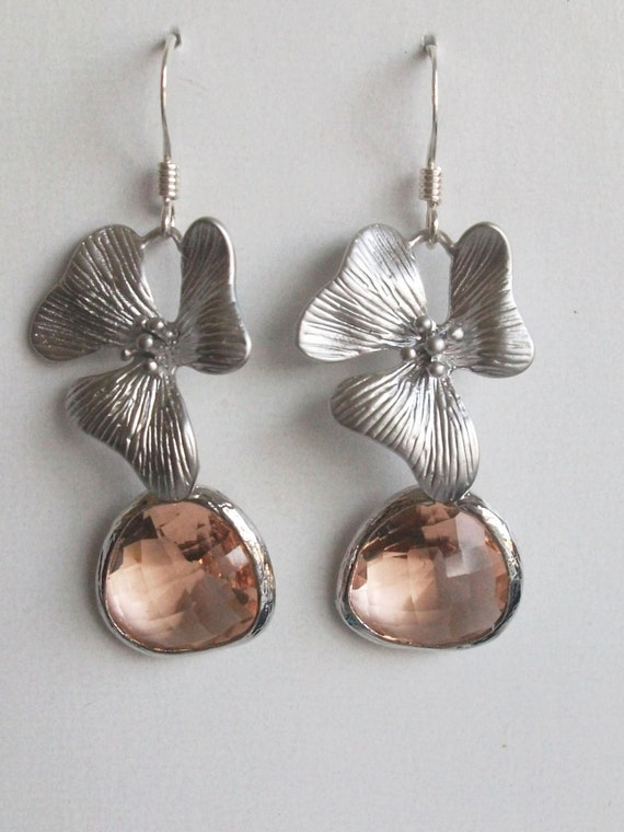 Crystal Earrings Silver Earrings Peach Earrings Drop | Etsy