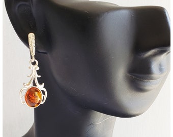 Silver Earrings - Stud Earrings - Cognac Baltic Amber - Genuine Amber Earrings - 925 Sterling Silver Jewelry - Amber Earrings