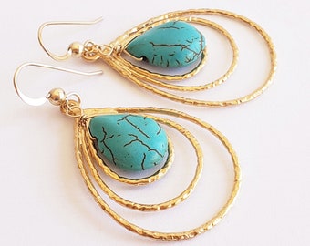 Turquoise Earrings – Peacock Earrings - Golden Teardrop Earrings - 14k GF GP Jewelry - Turquoise jewelry - Statement Earrings - Peacock