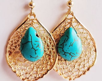 Turquoise Earrings - Golden Leaf Earrings - Drop Earrings - 14k GF GP Jewelry - Turquoise jewelry - Statement Earrings - Turquoise