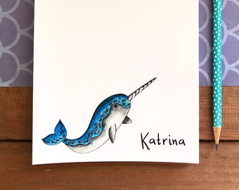 Personalized Narwhal Notepad | Narwhal Stationery for Kids | Unicorn Whale, Sea Animal Gifts and Favors | 5.5 x 8.5 Magnetic Paper Memo Pad