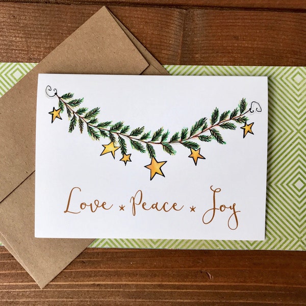 Garland Christmas Note Card Set | Personalized Nondenominational Holiday Cards | Love, Peace, Joy Notecards | Boxed Set of 8 with Envelopes