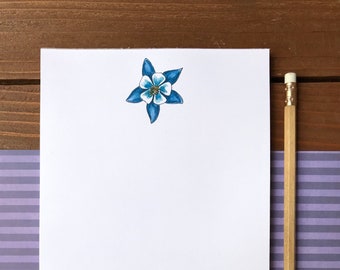 Blue Columbine Flower Notepad - Personalization Available | Floral Stationery Gift for Mom | Magnetic Notepad