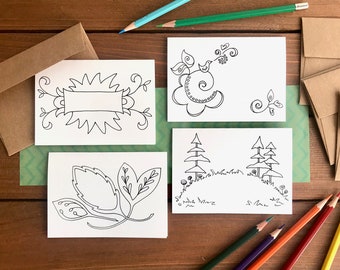 Colorez vos propres cartes - Blanc | Kit de cartes de coloriage pour adultes | Ensemble en boîte de 8 cartes et enveloppes de coloriage assorties - Deux de chaque conception