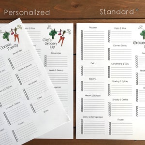 May include: White grocery list sheets, one personalised with "James Family" and the other standard with "Gigi's Grocery List". Both feature sections for groceries like produce, pasta, canned goods, and other household items, with a decorative border.