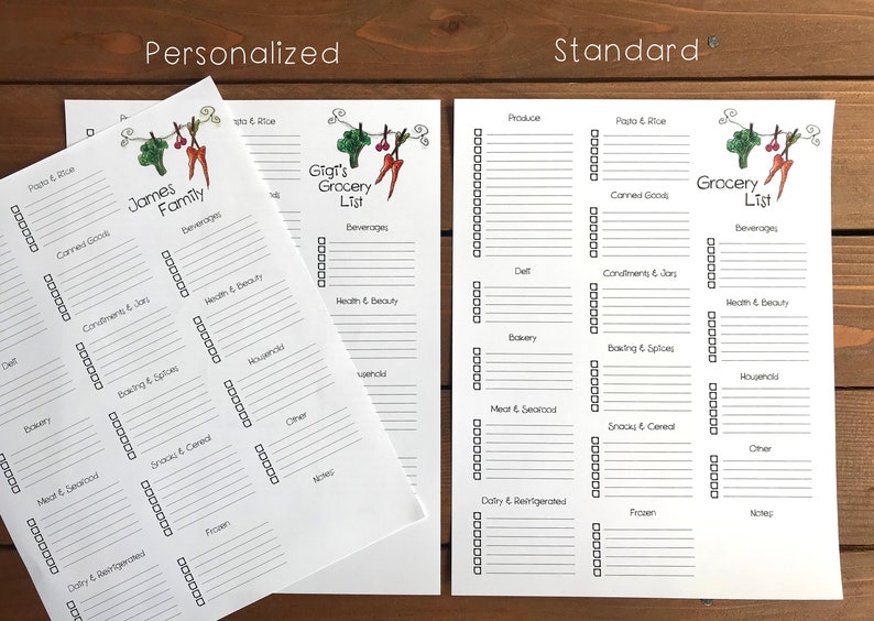 May include: White grocery list sheets, one personalised with "James Family" and the other standard with "Gigi's Grocery List". Both feature sections for groceries like produce, pasta, canned goods, and other household items, with a decorative border.