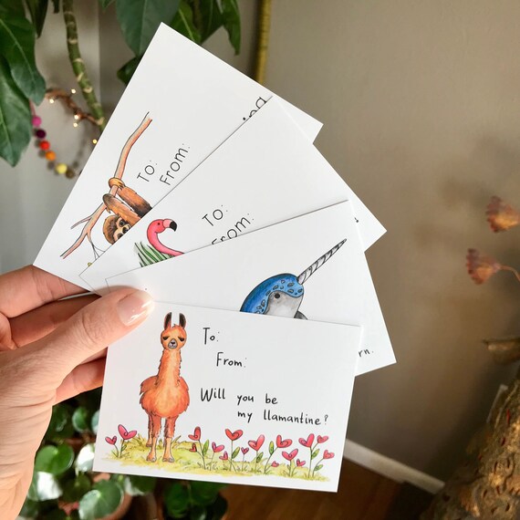 Susse Tiere Valentinstag Karten Fur Kinder Faultier Lama Etsy