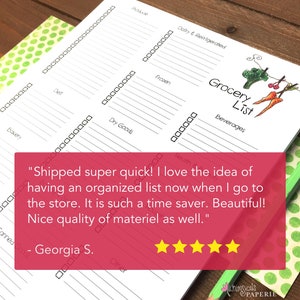 May include: A white grocery list notepad with sections for produce, dairy, frozen, and dry goods. The words "Grocery List" are written in a decorative font, with illustrations of vegetables. A customer review is also visible.