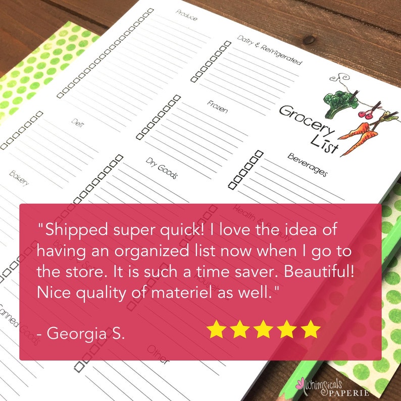 May include: A white grocery list notepad with sections for produce, dairy, frozen, and dry goods. The words "Grocery List" are written in a decorative font, with illustrations of vegetables. A customer review is also visible.