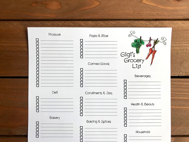 May include: A white grocery list labelled "Gigi's Grocery List" with sections for produce, pasta, canned goods, deli, condiments, bakery, baking, beverages, health, and household items. The list has check boxes and a broccoli and carrot illustration.