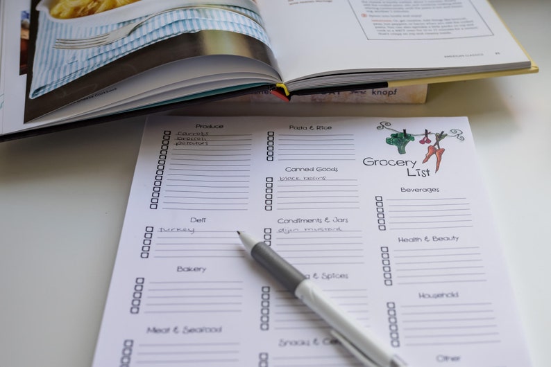 May include: A printed grocery list with check boxes, categories, and the title "Grocery List" in a handwritten font. A pen rests on the list, with an open cookbook and a fork in the background.