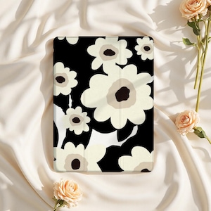 Black White Floral iPad Case for iPad Air 6/5, iPad 10.9" 2022, iPad Pro 12.9" 2021 | Custom Protective Cover for iPad Mini 6, iPad 9/8/7