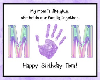 Happy Birthday Handprint Art for Mom, Printable Birthday Craft Gift from Baby Kids Toddler, Mom Birthday Card Handprint DIY At Home Art