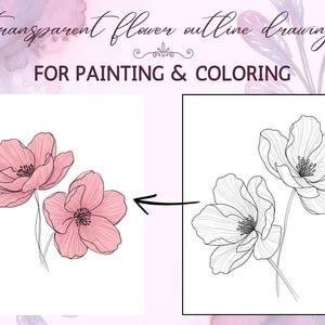 Transparent Pink Flowers Outline Drawing – Digital Printable PDF for Coloring or Painting – Instant Download Template