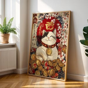 Plakat Lucky Cat Maneki Neko - Japońska sztuka ścienna z kotem wróżki - Plakat z kotem - Japoński plakat z okazji szczęścia - Plakat z kotem wróżki z monetami