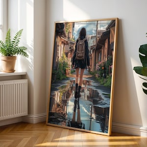 Anime Girl Poster - Japanese Street Art Aesthetic - Reflective Water Poster - Girl Walking In a Rainy Japanese Street - Anime Lover Wall Art