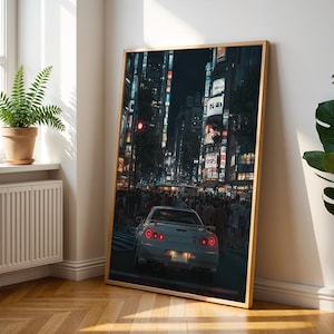 Anime Car Poster – Tokyo Night Time Print - Car Wall Art - Anime Street Racing Print - Japanese Tokyo Shibuya Cityscape Wall Art