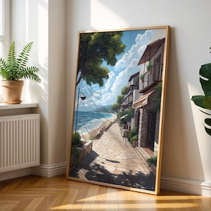Póster de viaje de un pueblo costero español: arte mural de playa y calle del Mediterráneo - Impresión costera - Decoración veraniega europea - Ilustración con vistas al océano