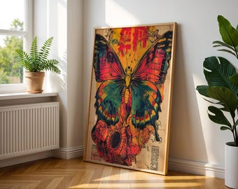 Retro Japanese Butterfly Poster 70s Manga Style | Decorative Wall Art Print for Modern Interiors