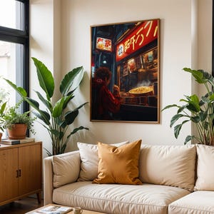 May include: A painting of a person standing in front of a Japanese restaurant with a red sign that says "麺屋" in Japanese. The person is wearing a red jacket and is looking at a bowl of noodles. The restaurant is lit up with neon lights.