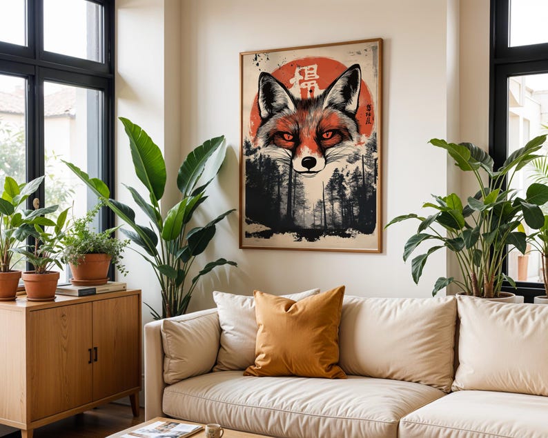 May include: A vintage-style poster featuring a red fox with a red sun behind it. The fox is looking directly at the viewer with a serious expression. The poster has Japanese characters in the top right corner and a forest scene in the background.