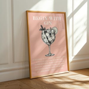 Impresión "Empieza con ginebra" - Arte mural con cita divertida sobre ginebra - Póster de cocina para bar de cócteles - Regalo poético para amantes de la ginebra - Póster tipográfico de ginebra rosa - Arte con ginebra