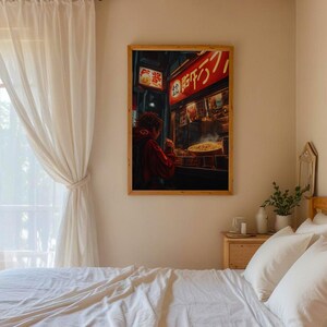 May include: A white bed with white linens and pillows in a bedroom with a window and a painting of a street scene with a red sign that says "Street Food" in Japanese.