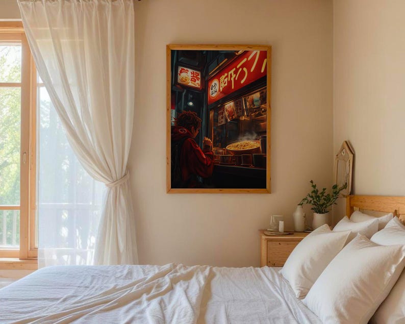 May include: A white bed with white linens and pillows in a bedroom with a window and a painting of a street scene with a red sign that says "Street Food" in Japanese.