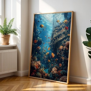 Póster de peces, impresión de arrecifes de coral, arte submarino, arte mural de naufragios, impresión de peces tropicales, arte mural de buceo, póster del océano, póster de barcos