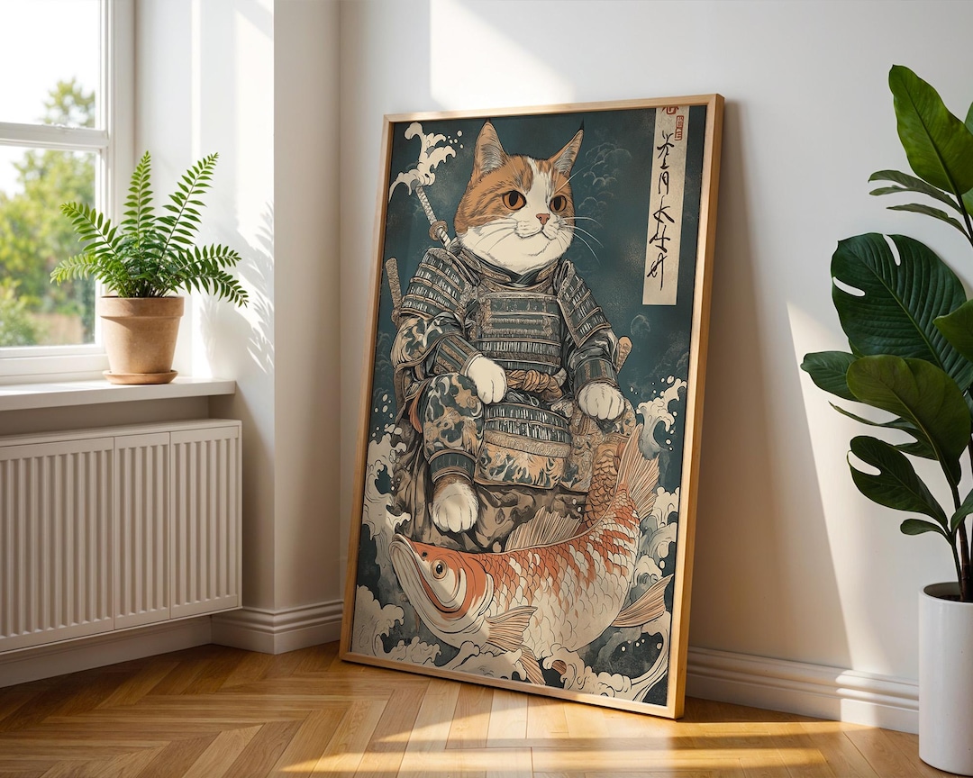 Japanese Samurai Cat Poster - Warrior Cat With Koi Fish Print - Funny ...