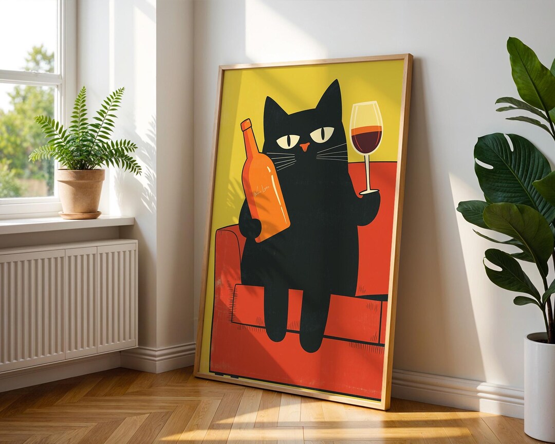 Funny Black Cat Wine Decor | Bold Colorful Kitchen Wall Art - Etsy