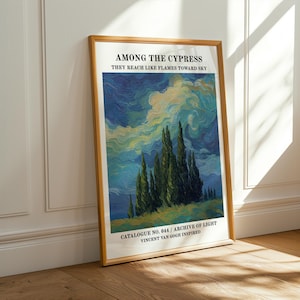 Van Gogh Inspired Cypress Tree Print: Swirling Sky Landscape, Classic Retro Abstract Maximalist Wall Art Print
