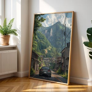 Car Anime Poster – Japanese Countryside Print - Car Wall Art - Scenic Mountain Road Print - Japanese Car Wall Decor - Anime Lover Art